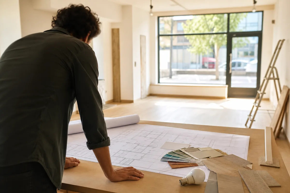 Professionnel du bâtiment consultant des plans de rénovation dans un local commercial lumineux, entouré d’échantillons de matériaux et d’un éclairage basse consommation