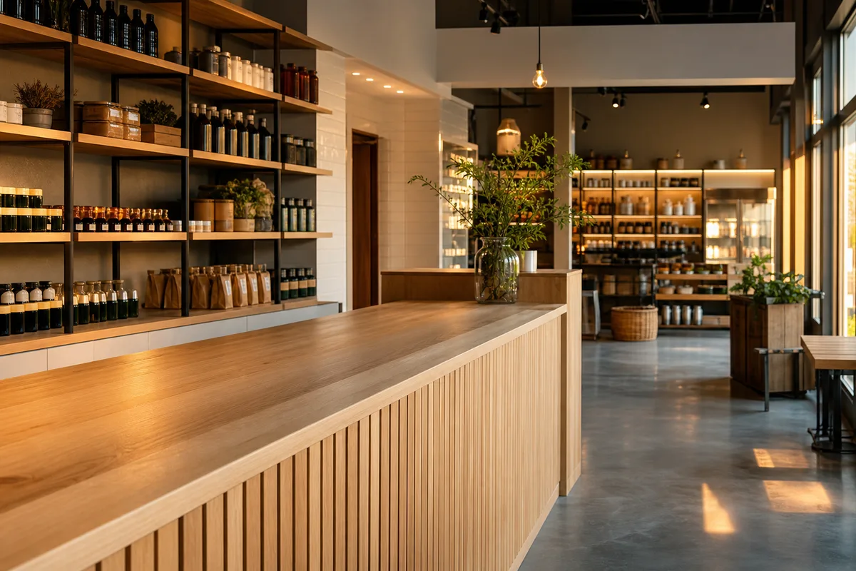 Intérieur de commerce rénové et prêt à rouvrir, comptoir dégagé et éclairage chaleureux en fin de journée