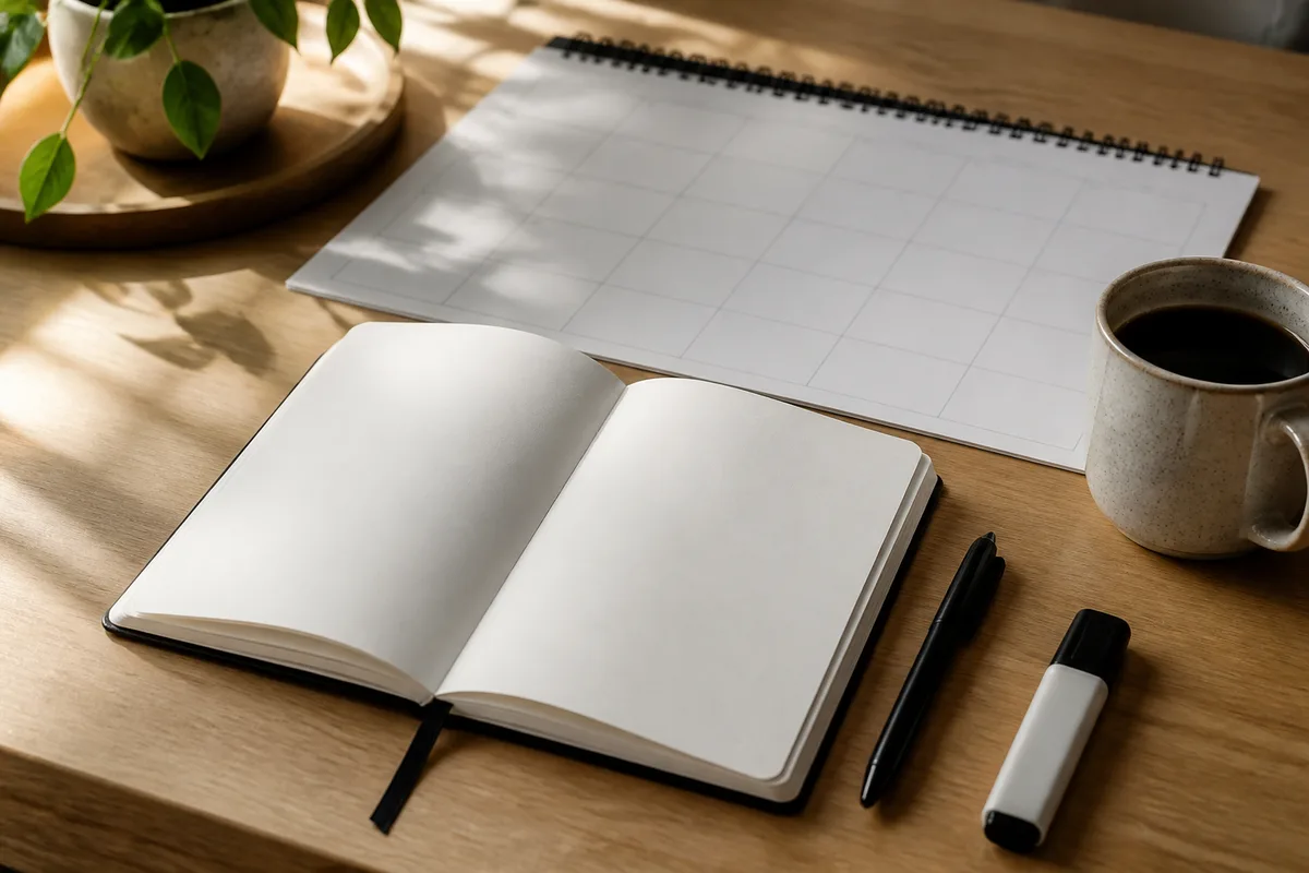 Agenda ouvert et calendrier annuel posés sur un bureau clair, préparation d’un planning de recherche d’alternance