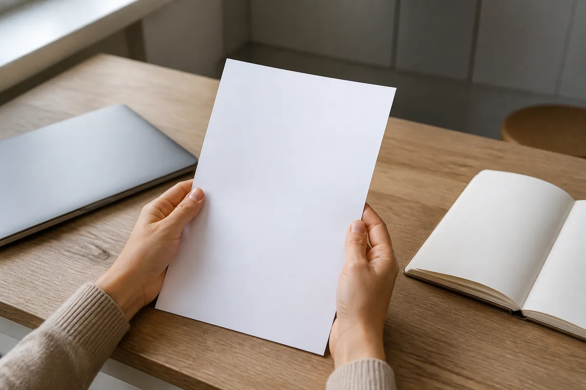 Mains tenant un curriculum vitae vierge au-dessus d’un plan de travail en bois avec un ordinateur portable fermé