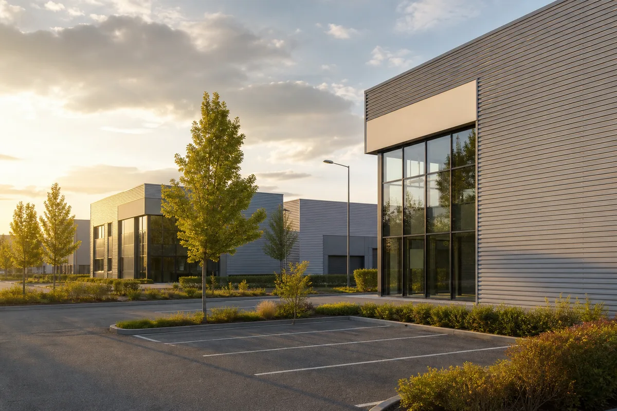 Zone industrielle et bureaux modernes en périphérie nantaise sous une lumière de fin d’après-midi, vue large sans personne au premier plan
