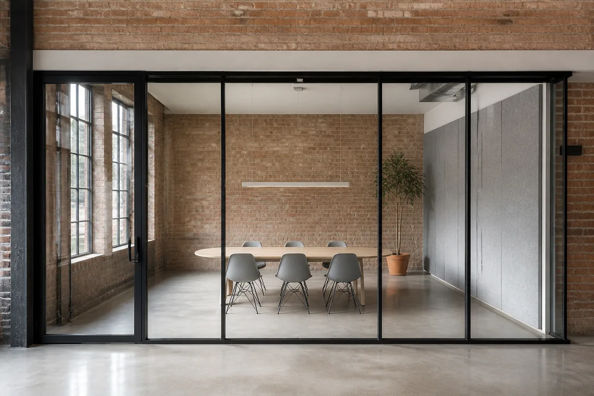 Salle de réunion vitrée aux menuiseries fines dans un ancien bâtiment industriel réhabilité