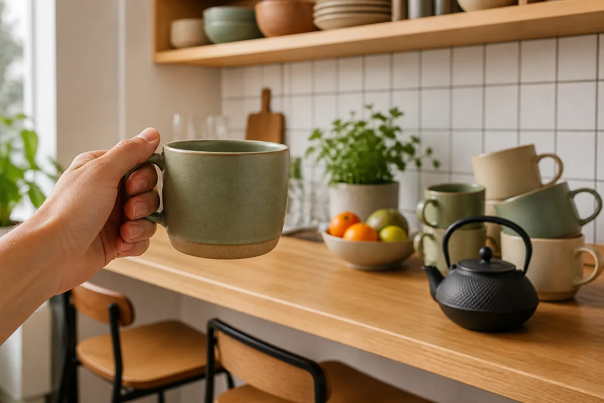 Coin cuisine convivial avec mugs empilés et plan de travail en bois dans un espace de travail partagé
