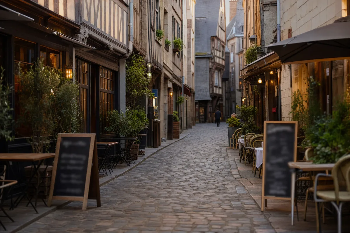 Ruelle pavée piétonne du vieux Nantes bordée de devantures de restaurants et de terrasses