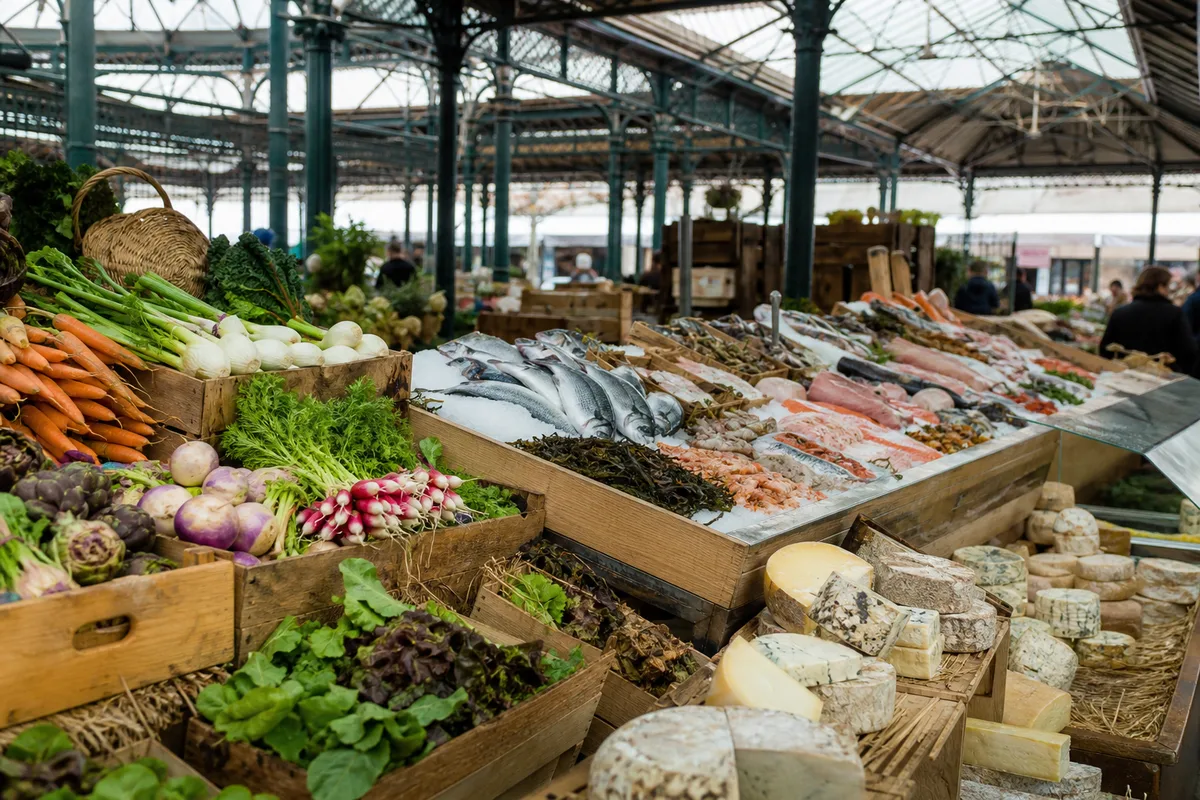 Étal coloré de produits frais sous la charpente d’un marché couvert nantais