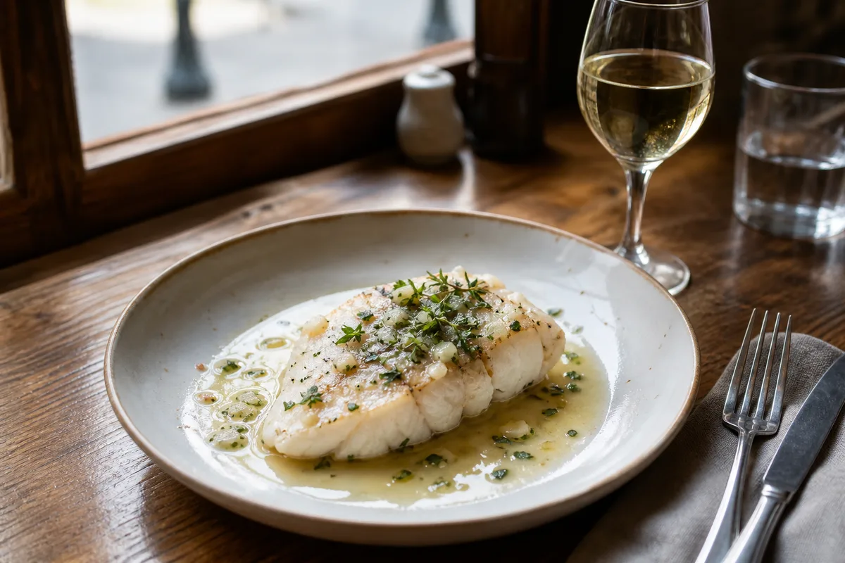 Assiette de poisson nappée d’une sauce claire sur une table de bistrot en bois près d’une fenêtre