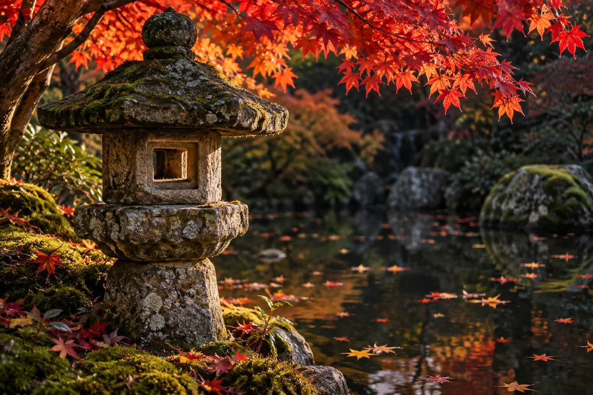 Lanterne de pierre sous des érables rouges dans un jardin japonais en automne