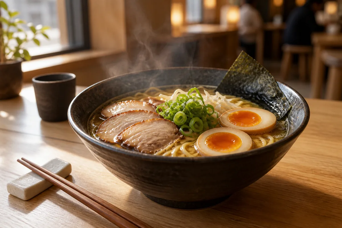 Bol de ramen fumant posé sur un comptoir en bois