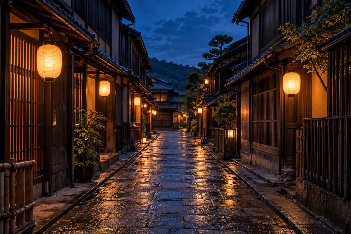 Ruelle traditionnelle de Kyoto au crépuscule éclairée par des lanternes