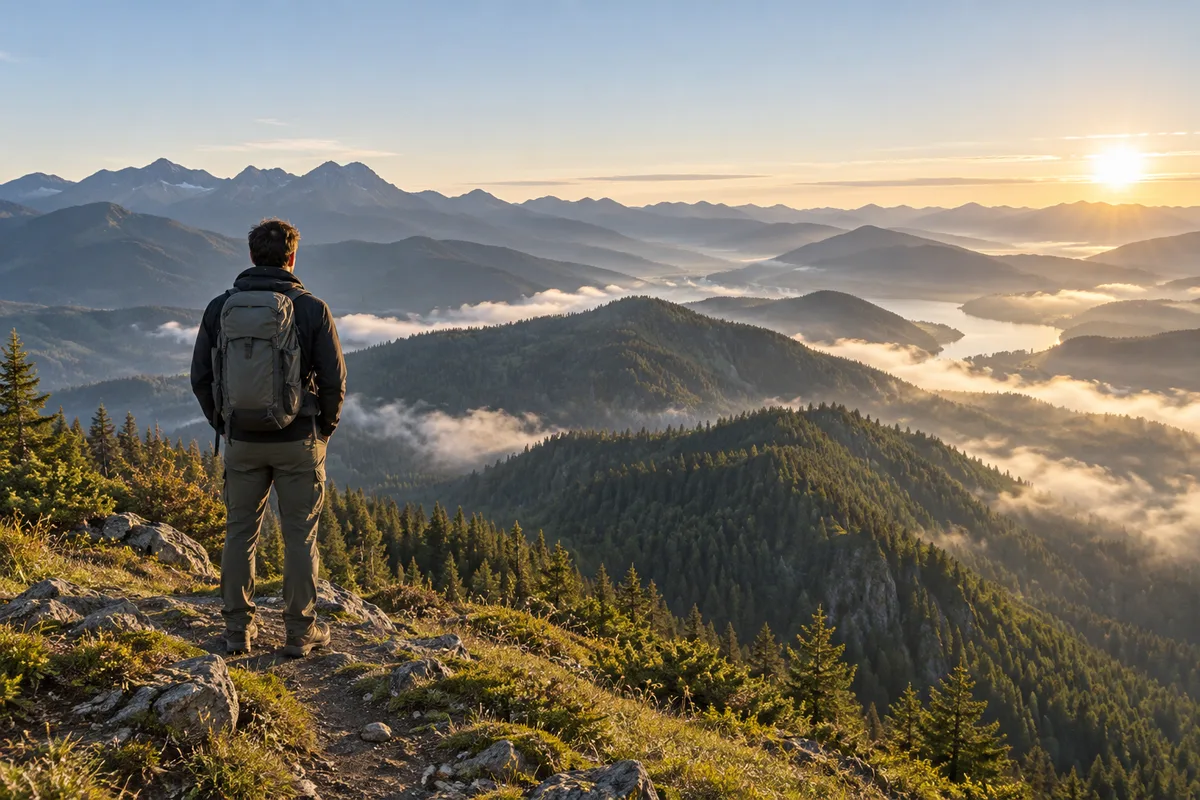 Voyageur vu de dos face à un paysage de montagnes japonaises