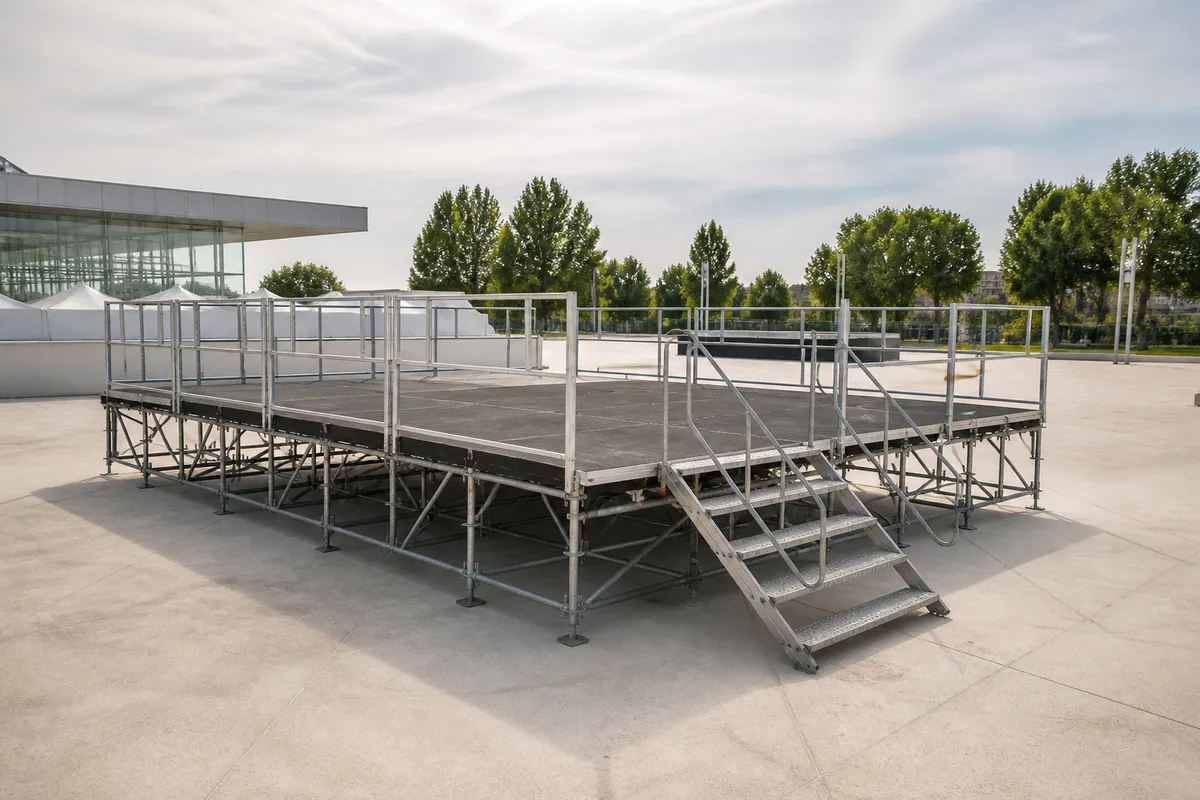 Podium modulaire vide monté en extérieur sur une place pavée, plancher bois, garde-corps latéraux et escalier d&rsquo;accès