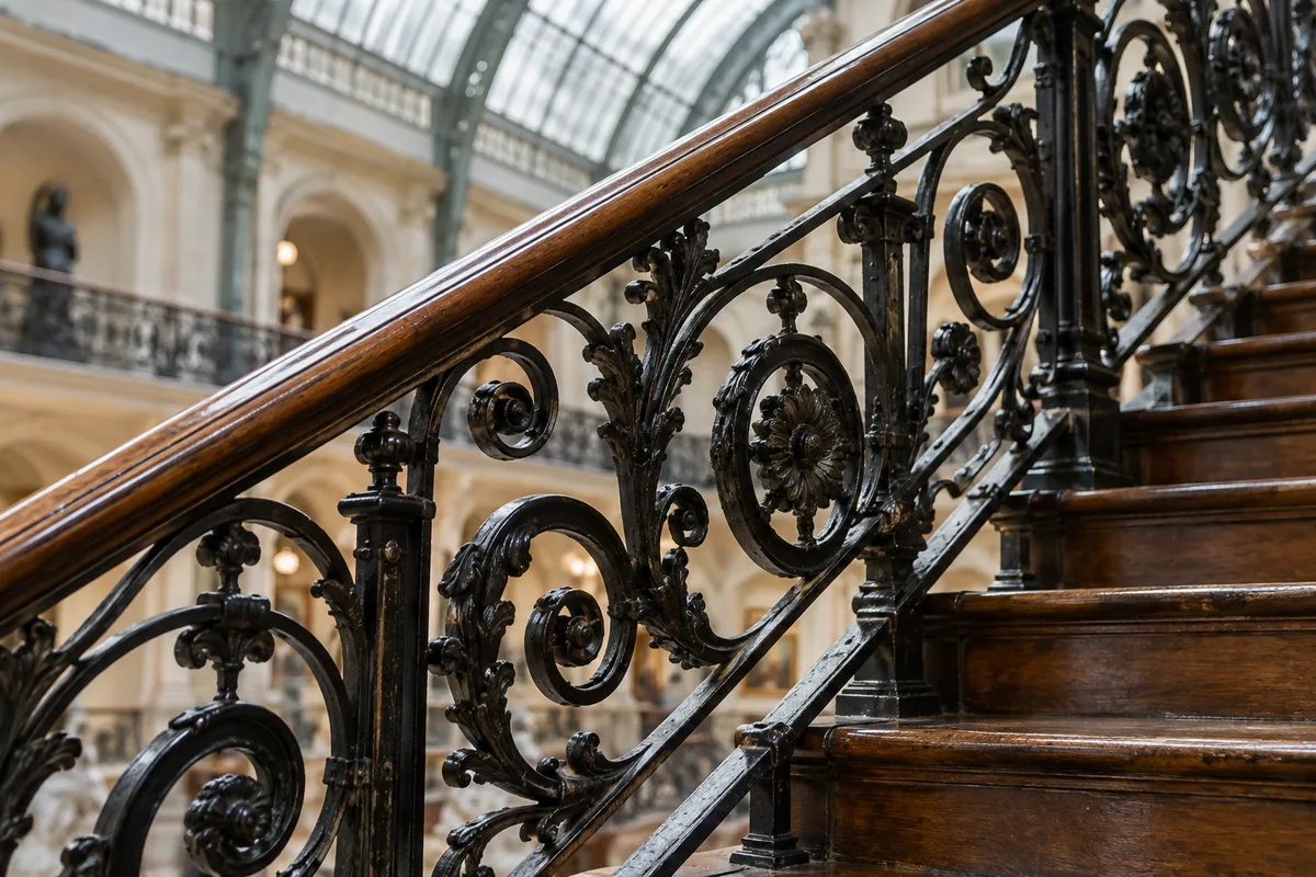 Escalier en bois et rampe en fonte ouvragée sous une verrière dans une galerie couverte du XIXe siècle