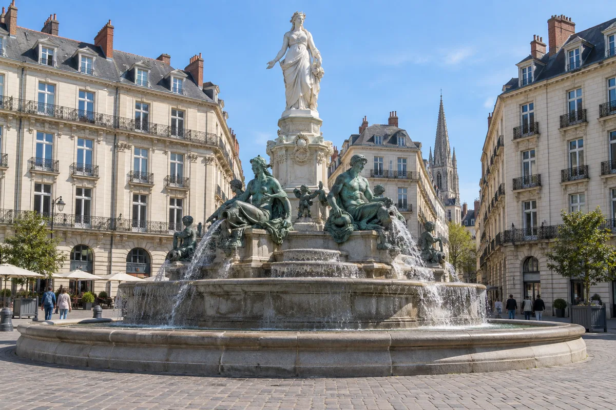 Fontaine monumentale en bronze et marbre blanc au centre d’une place classique pavée sous le soleil