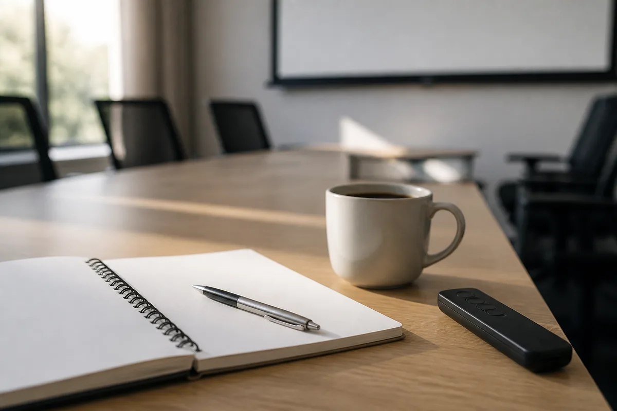 Table de réunion avec carnet ouvert, stylo et écran de projection vierge en arrière-plan