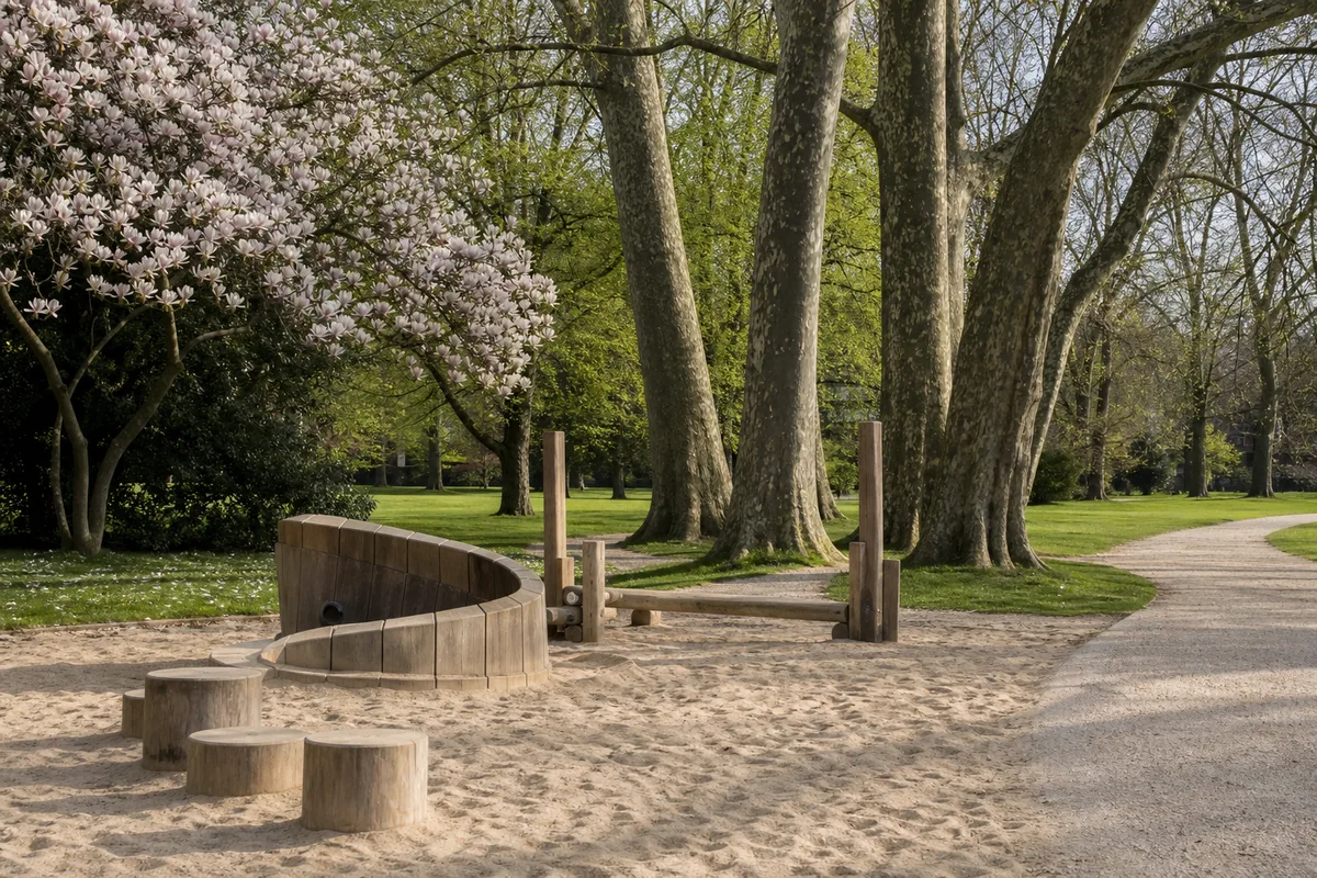 Éléments de jeu en bois dans un grand jardin public arboré