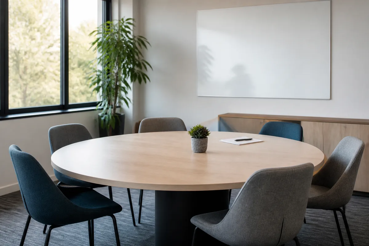 Salle de réunion claire avec une table ronde, plusieurs chaises et un tableau blanc vierge en arrière-plan