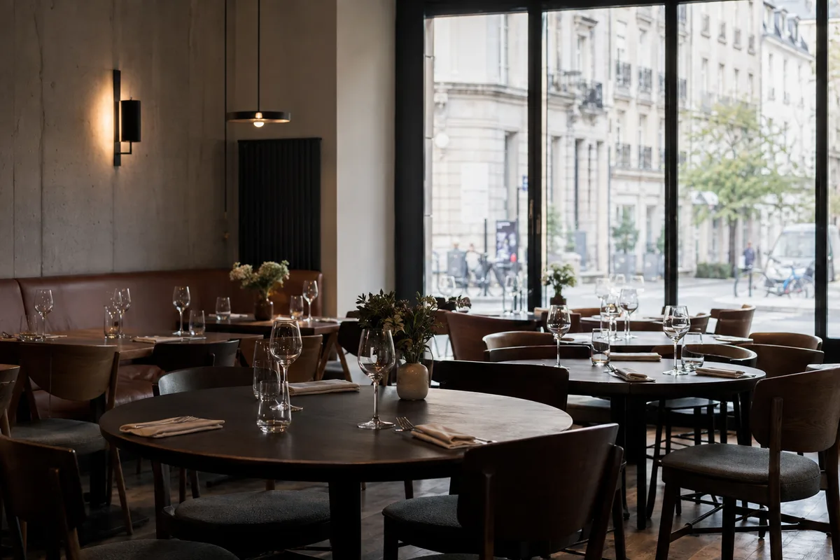 Intérieur de restaurant vide avant le service, tables dressées et grande baie vitrée donnant sur la rue
