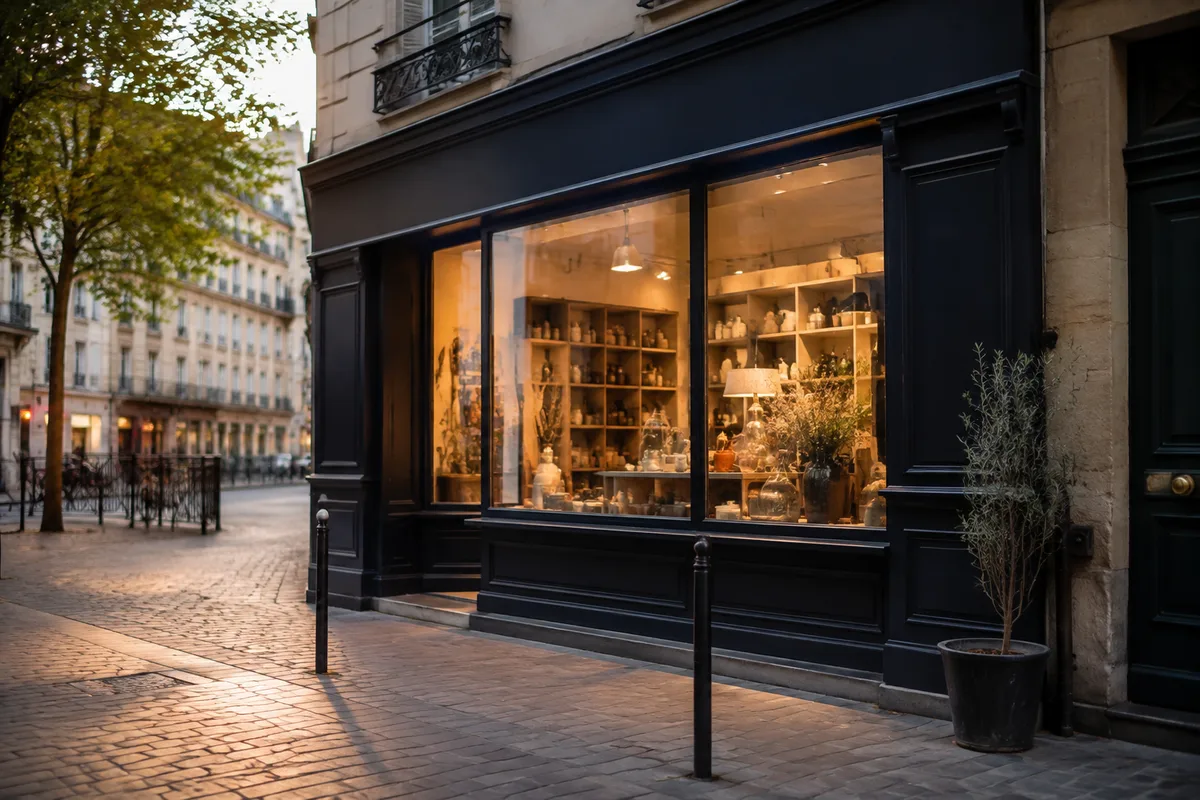 Devanture de commerce de quartier en fin de journée, vitrine éclairée et trottoir pavé, ambiance urbaine paisible