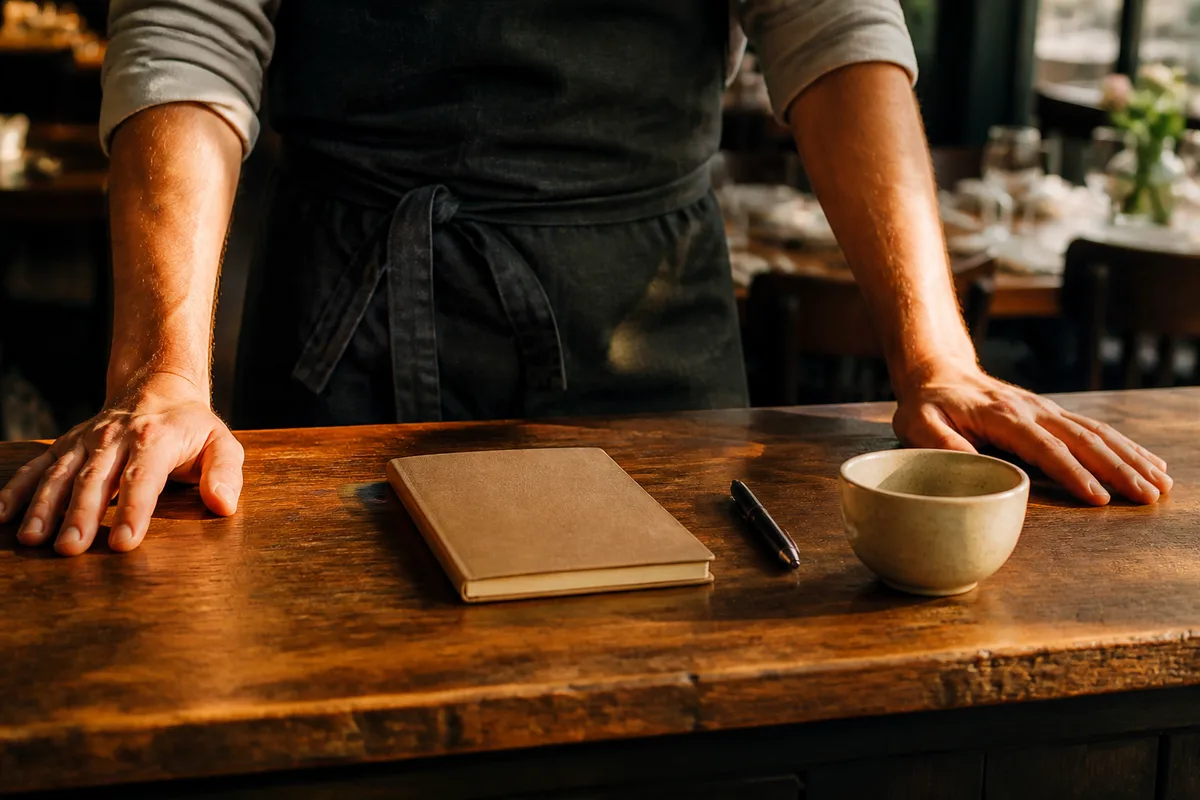 Comptoir en bois d&rsquo;un restaurant avec un carnet fermé, un stylo et une tasse vide
