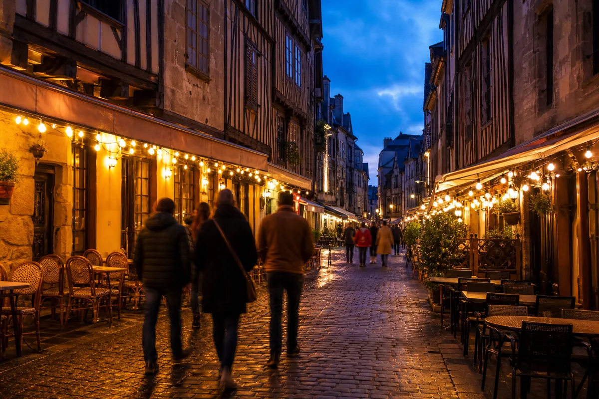 Rue pavée piétonne d&rsquo;un centre historique en soirée, façades à colombages et terrasses éclairées