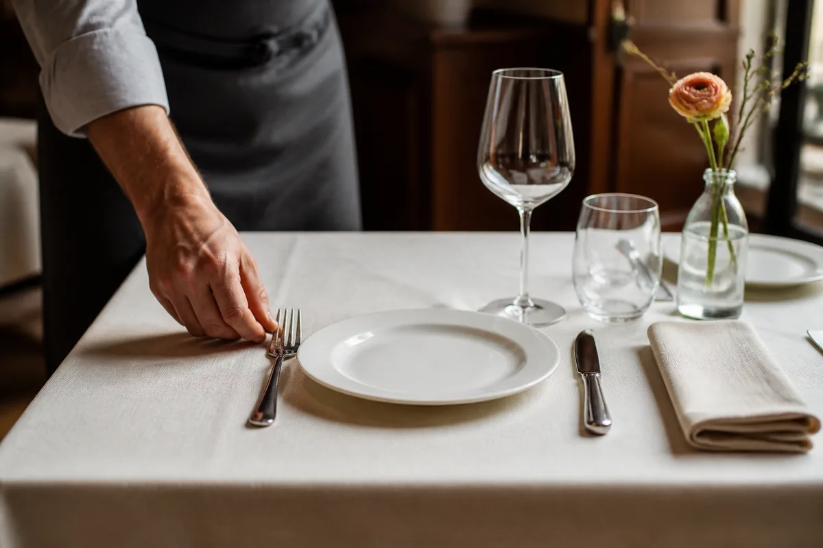 Table de restaurant dressée pour deux en gros plan, main d&rsquo;un serveur ajustant un couvert
