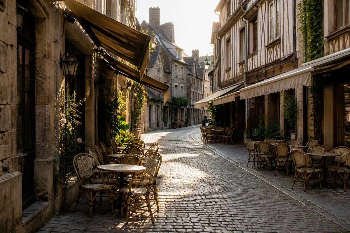 Rue pavée bordée de façades anciennes avec des terrasses de café installées le long des murs