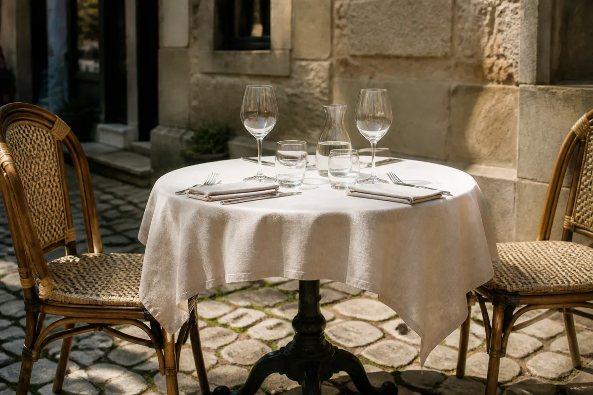 Table de bistrot dressée en terrasse avec nappe claire, verres et couverts posés sur des pavés