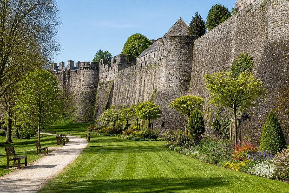 Jardin en contrebas de remparts en pierre, pelouse tondue, bancs et arbres taillés sous un ciel clair